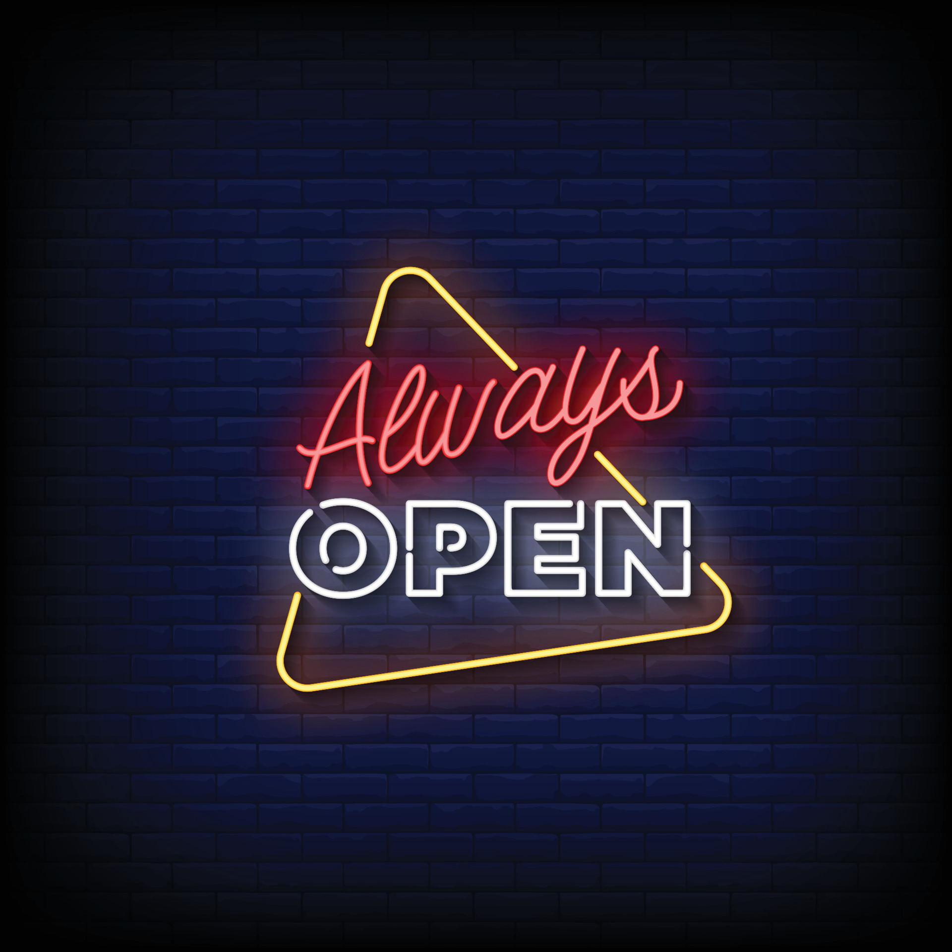 Neon sign always open with brick wall background vector 18860386 vector