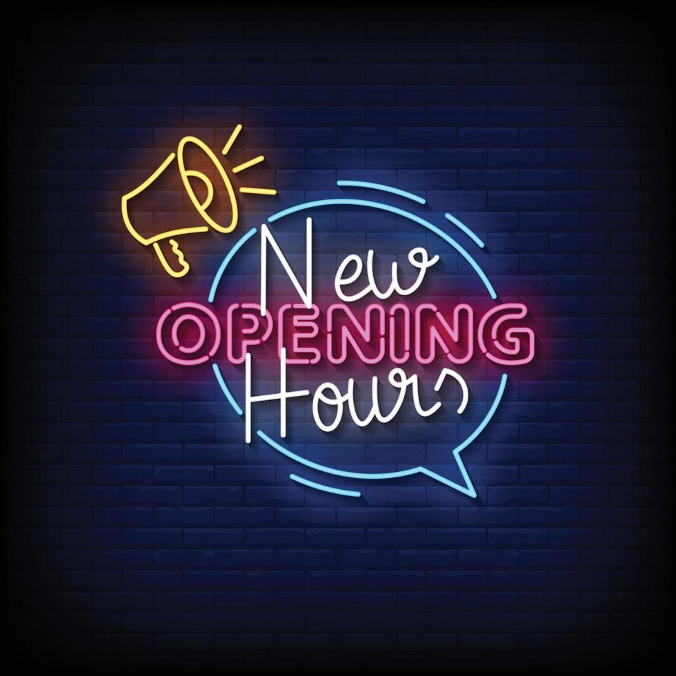 Neon Sign new opening hours with brick wall background vector