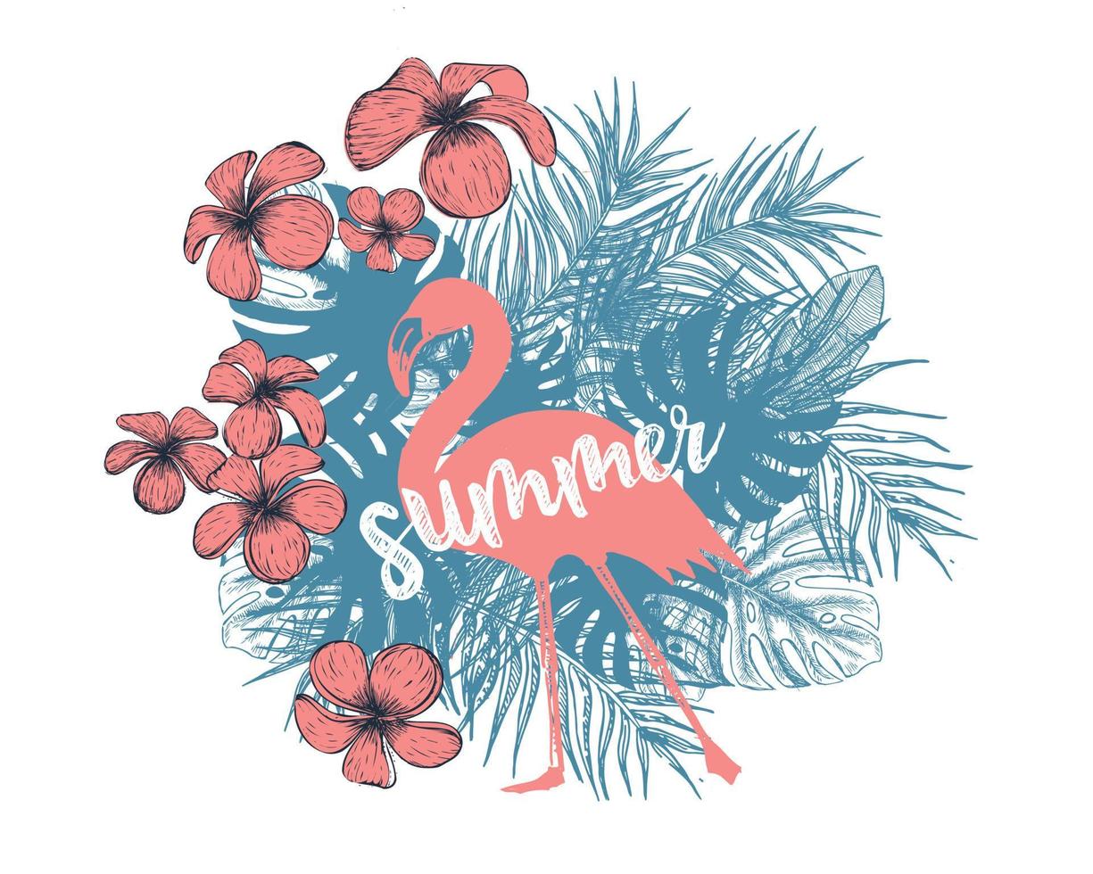 Pink flamingo, Summer background, hand drawn style, vector illustrations.