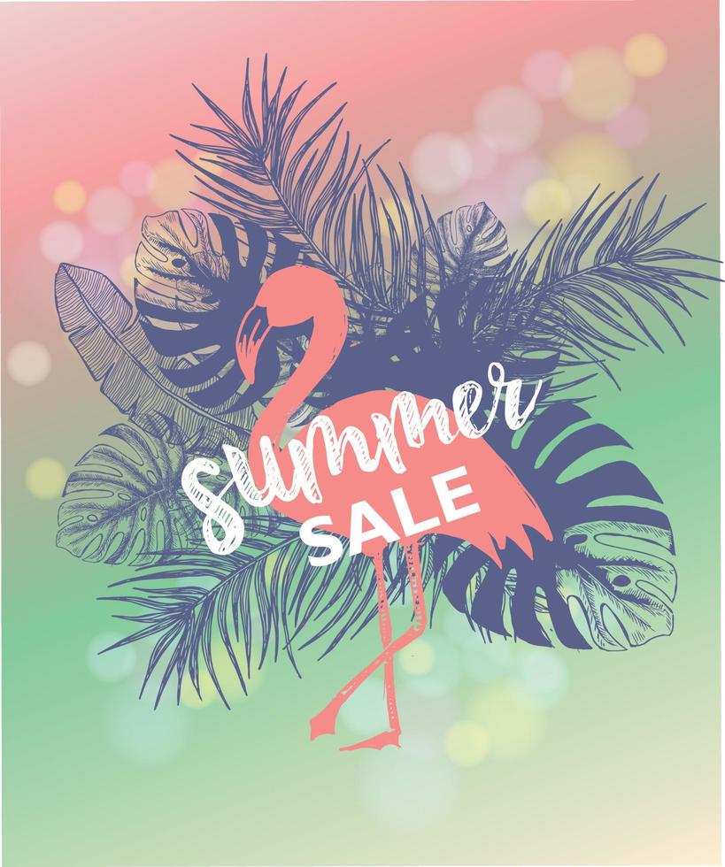 Pink flamingo, Summer background, hand drawn style, vector illustrations.