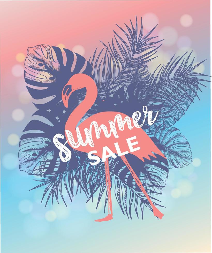 Pink flamingo, Summer background, hand drawn style, vector illustrations.