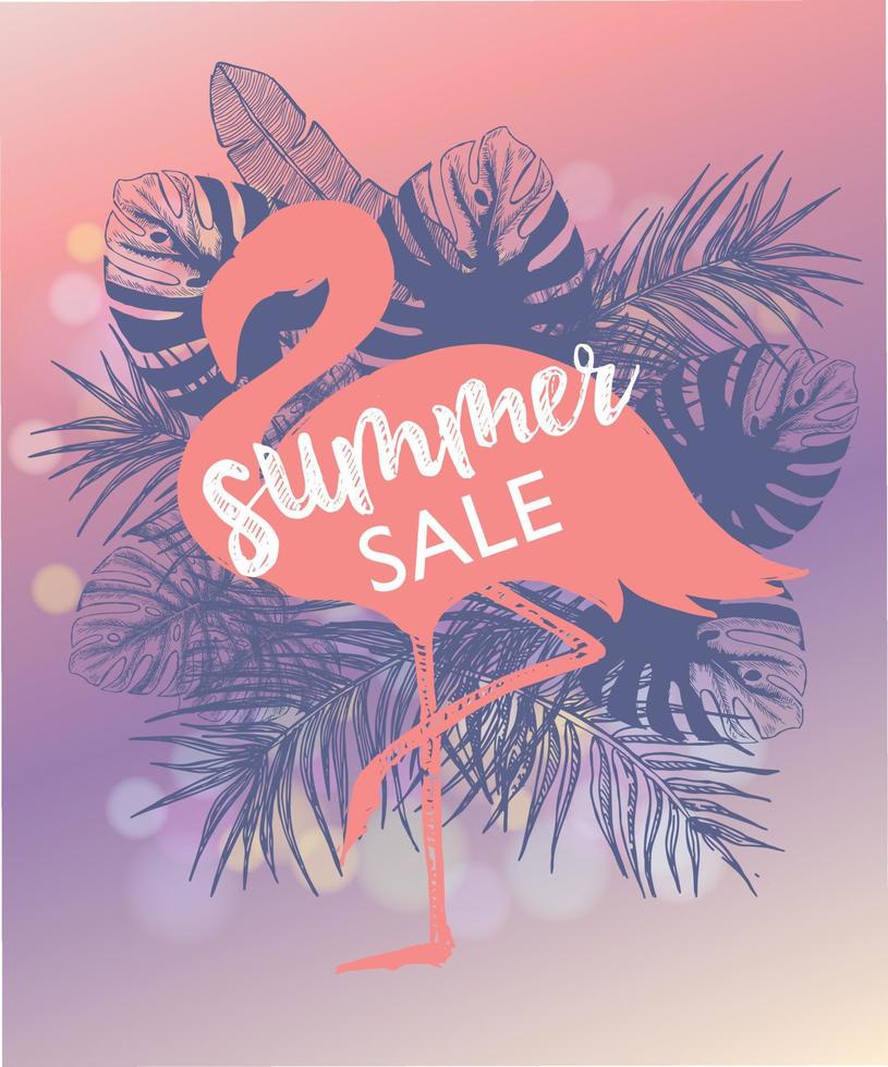 Pink flamingo, Summer background, hand drawn style, vector illustrations.