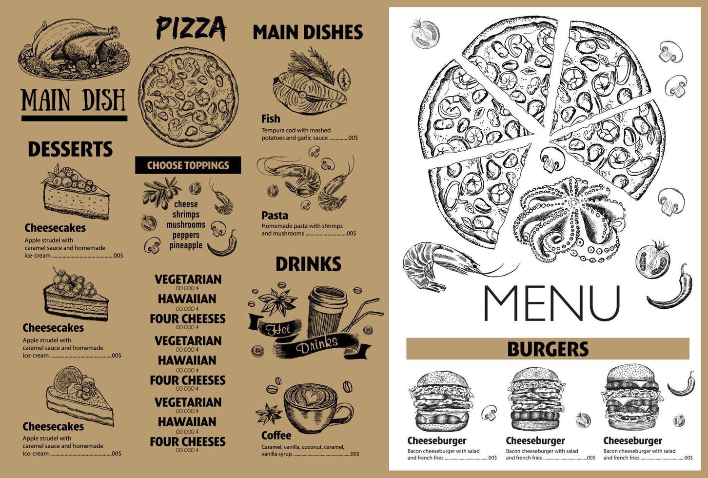 folleto del restaurante de menú. volante con gráfico dibujado a mano. vector
