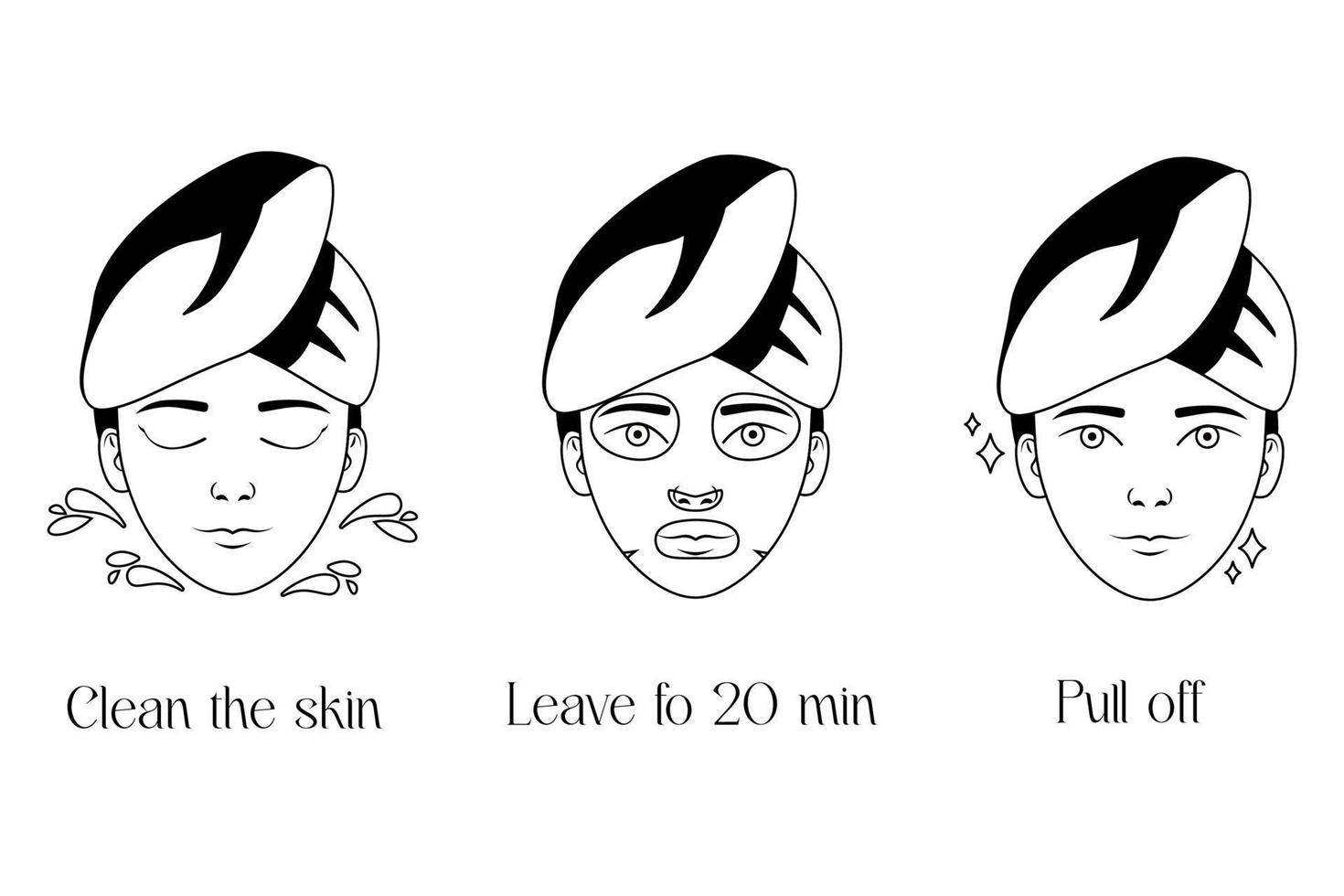 Face mask instruction icons set. Step by step sheet mask applying guide. Beautiful girl with