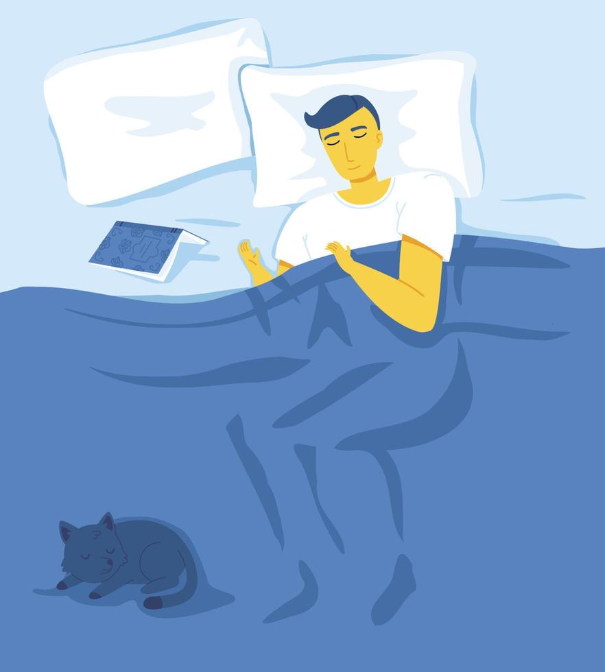 Yellow man is sleeping in blue bed. Rest, dreaming, relaxation, good night concept. Stock vector illustration in flat style