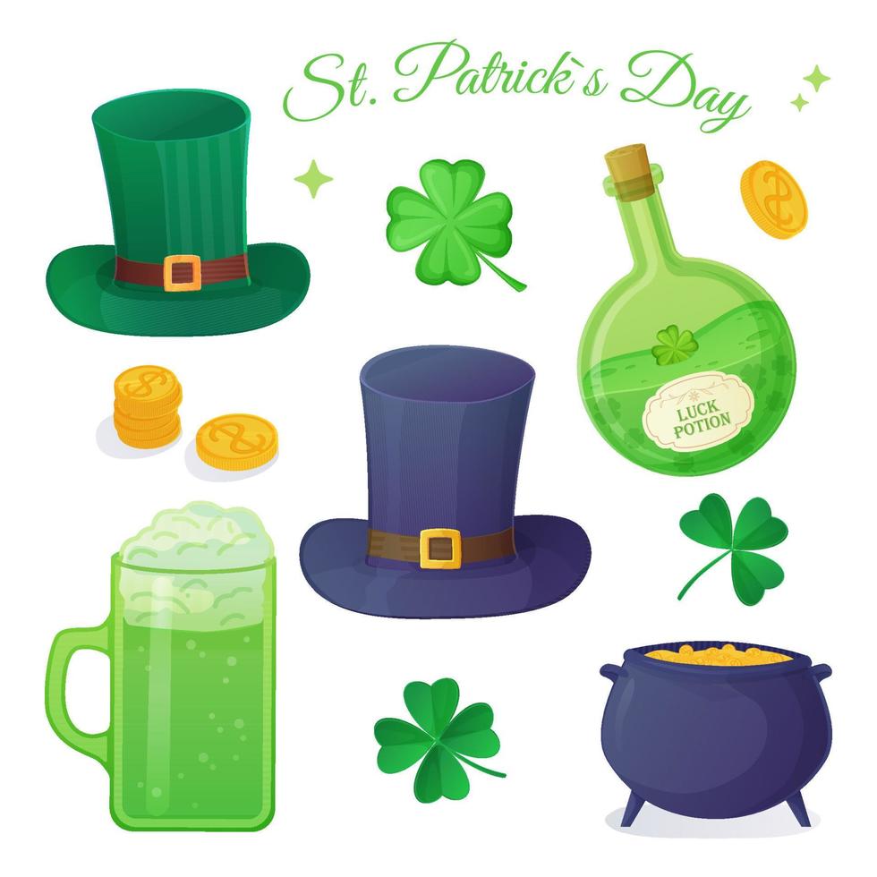 St. Patrick s Day green elements set. Luck potion, trefoil, shevron, pot with gold, coins, green beer, fortune concept. Stock vector illustration in realistic cartoon style isolated on white