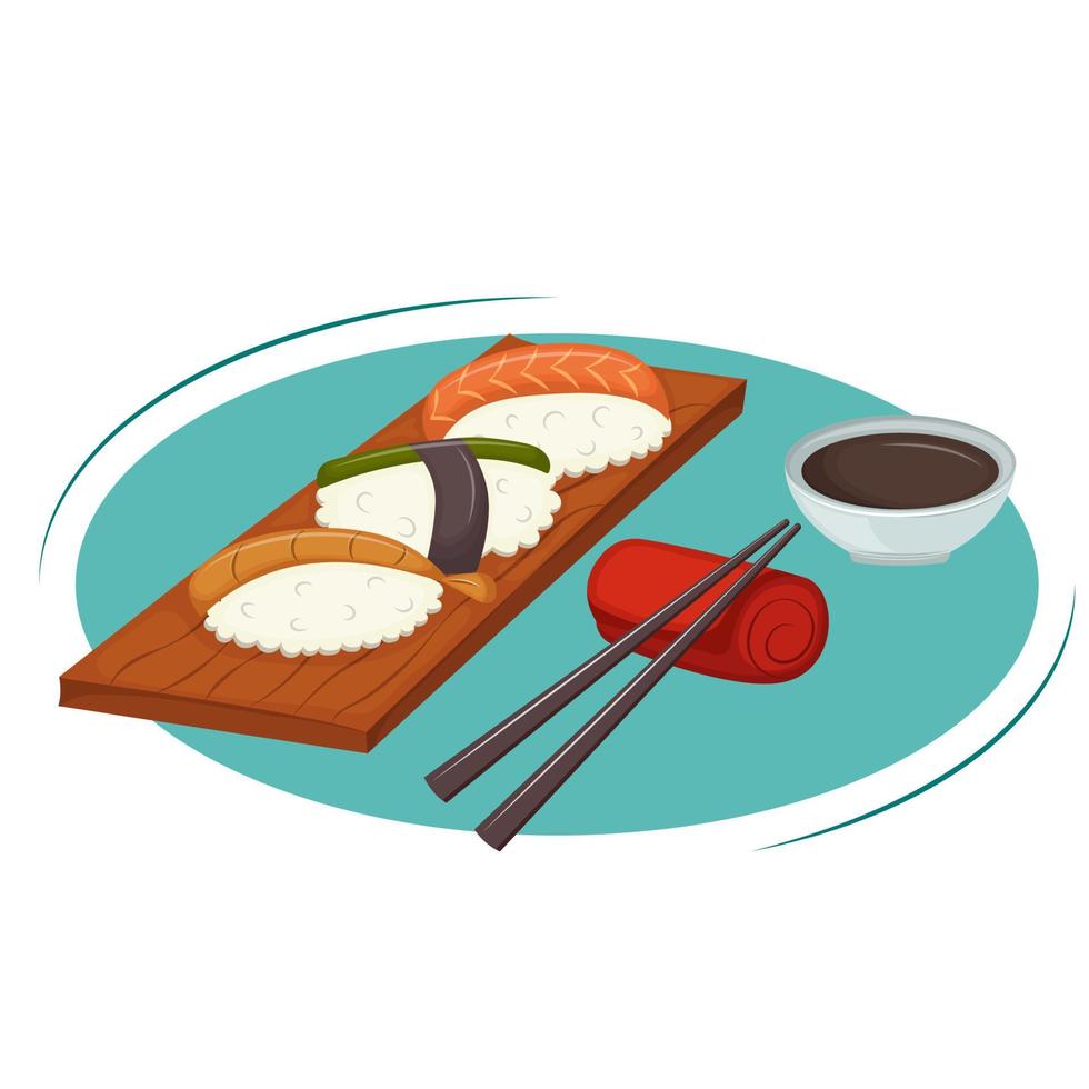 Delicious sushi on wooden plate with chopsticks and soy sauce. Concept of Asian traditional cuisine. Vector illustration. Cartoon.