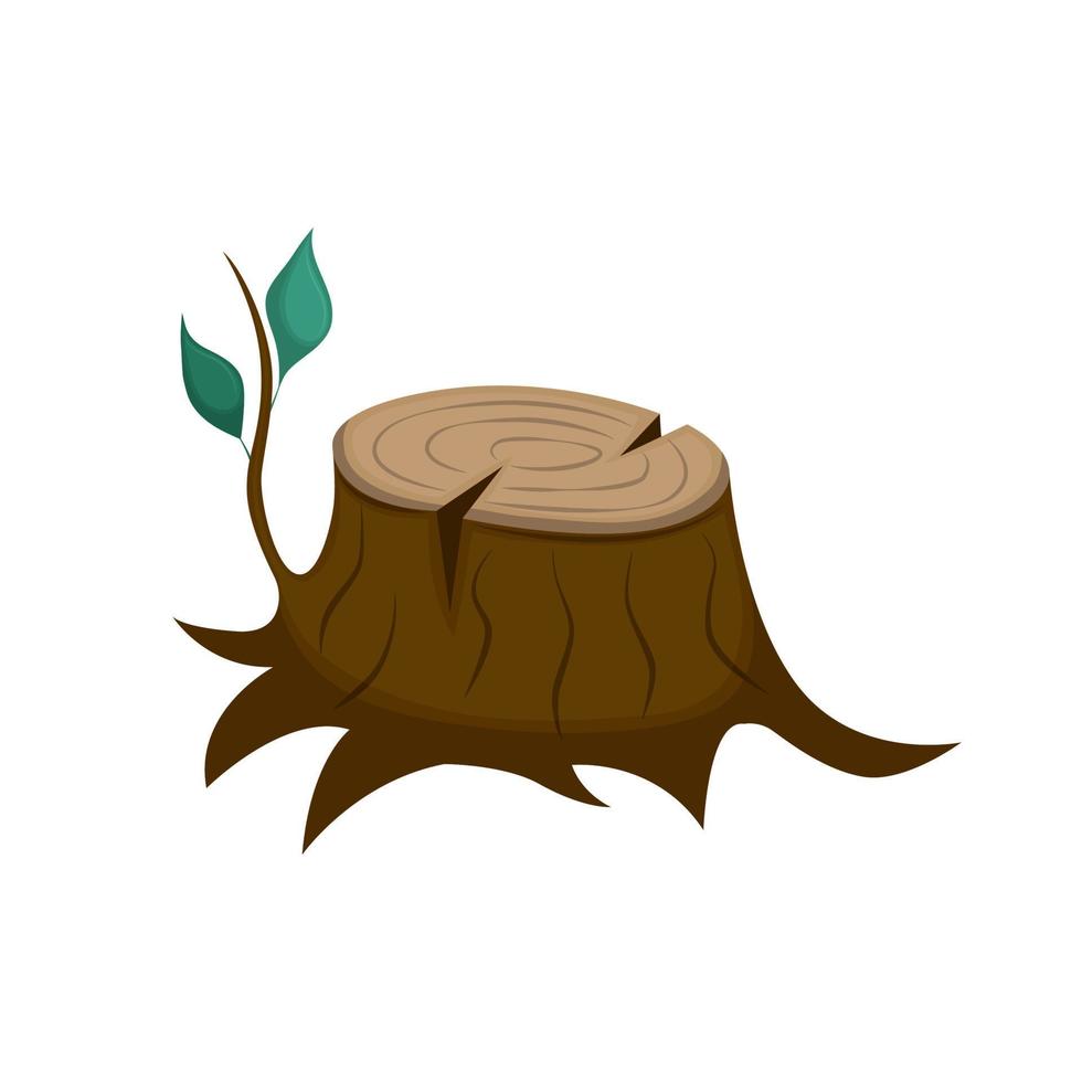 Wooden stump with rings and a branch with leaves. Vector illustration isolated on white background. Cartoon.