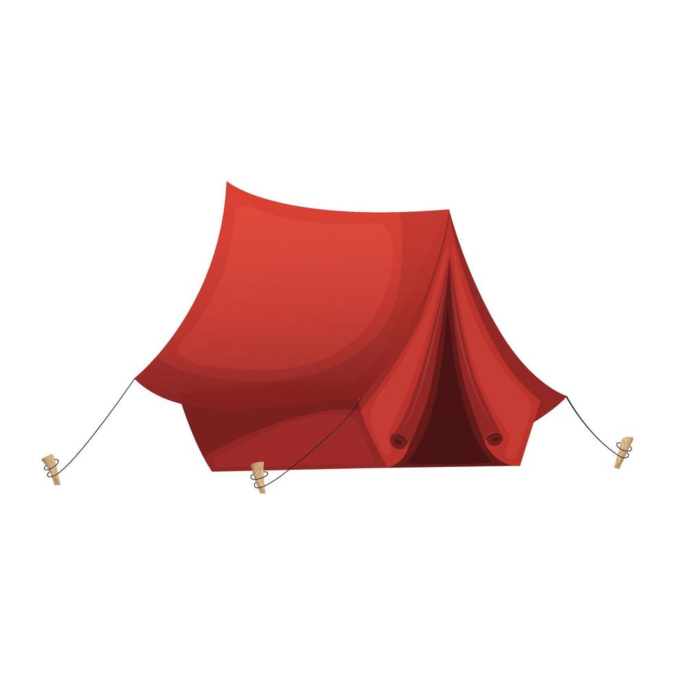 Red tent on white background. Tent for camping, recreation and travel. Isolated vector illustration. Cartoon
