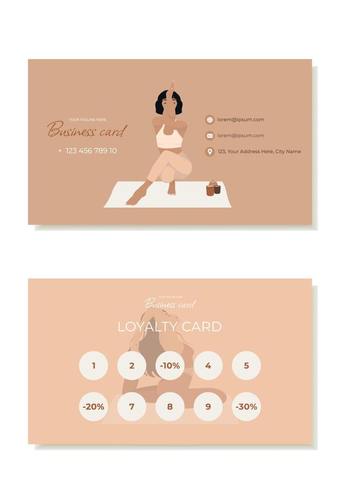 plantilla de tarjeta de visita con ilustraciones de chicas en poses de yoga, tarjetas de fidelidad para clientes de estudios de yoga, tarjeta de visita de entrenador. vector