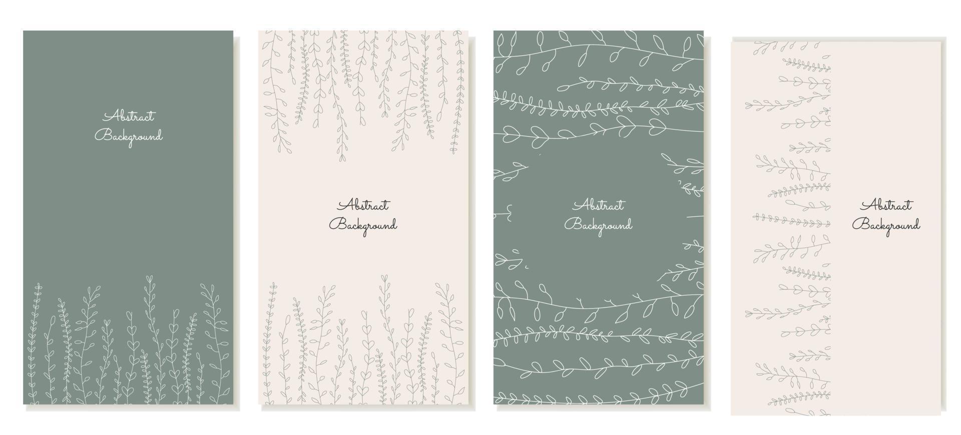 Set of vertical stories templates for social networks in nature style, with plants in outline style in nude tones. Vector backgrounds