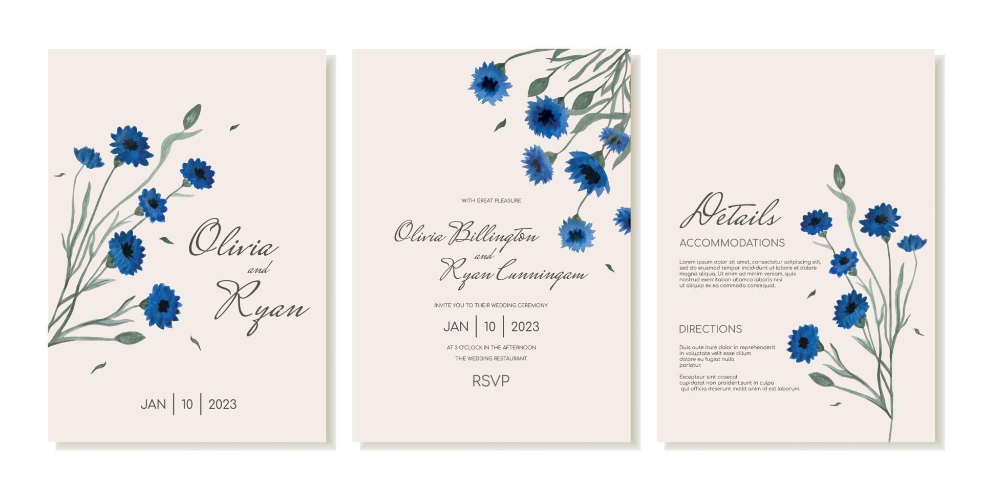 Set of wedding invitations in vintage style, provence, rustic on the background of blue wildflowers, cornflowers. Vector