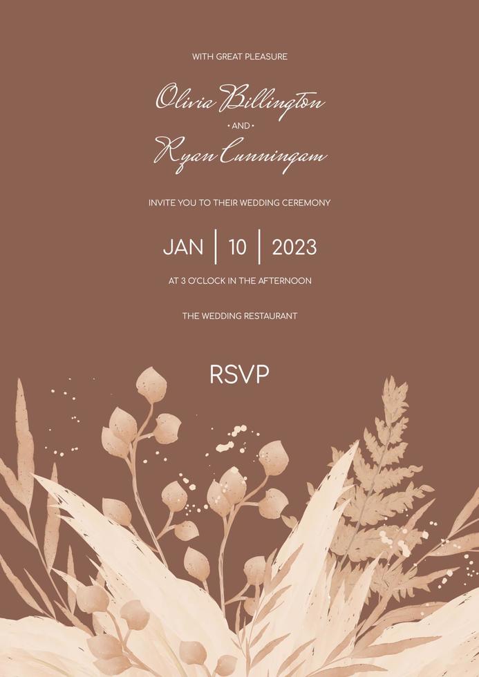 Abstract boho wedding invitation template on a brown pampas background. Vector banner, poster, template