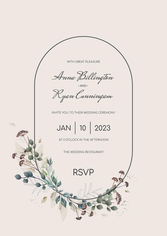 invitación de boda con texto enmarcado con flores, follaje y flores secas. plantilla vectorial vector