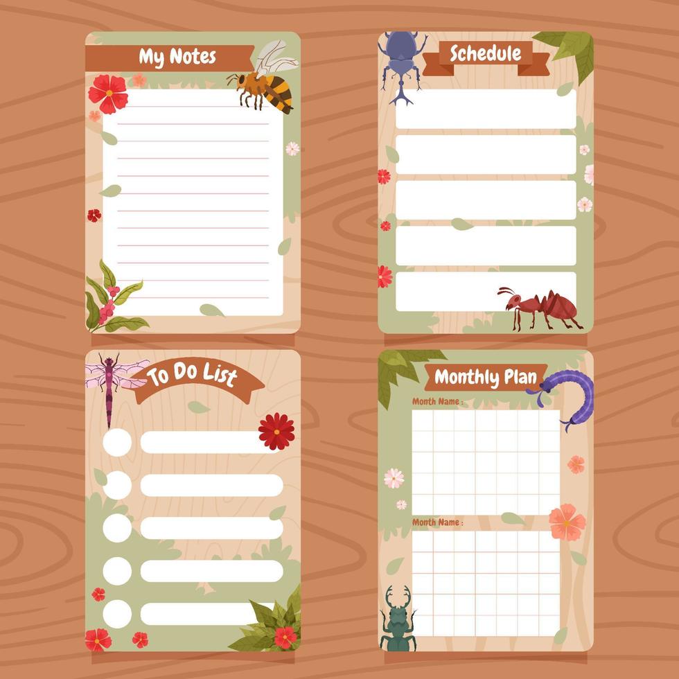 conjunto de colección de plantillas de diario de temporada de primavera de insectos vector