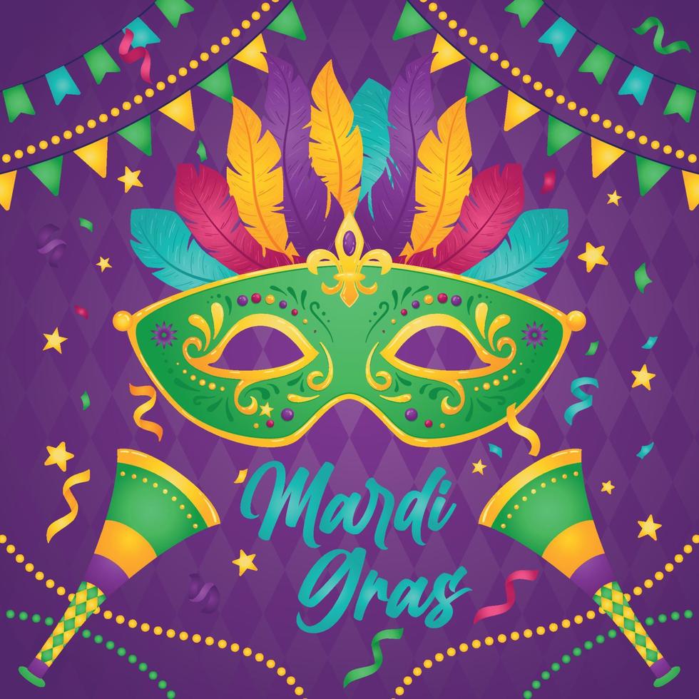 Isolated green venetian mask with feathers Mardi gras poster Vector