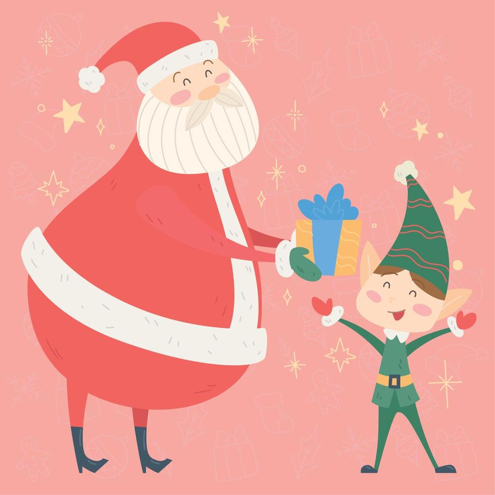 Santa Claus and elf cartoon kawaii Merry christmas gretting card Vector