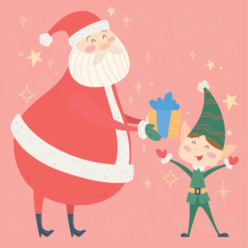 santa claus y duende dibujos animados kawaii feliz navidad gretting tarjeta vector