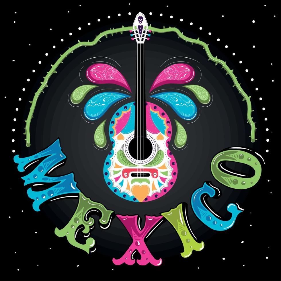 cartel de viva mexico con vector de guitarra de color