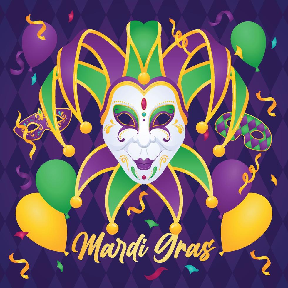 máscara de bromista aislada con globos vector de cartel de mardi gras