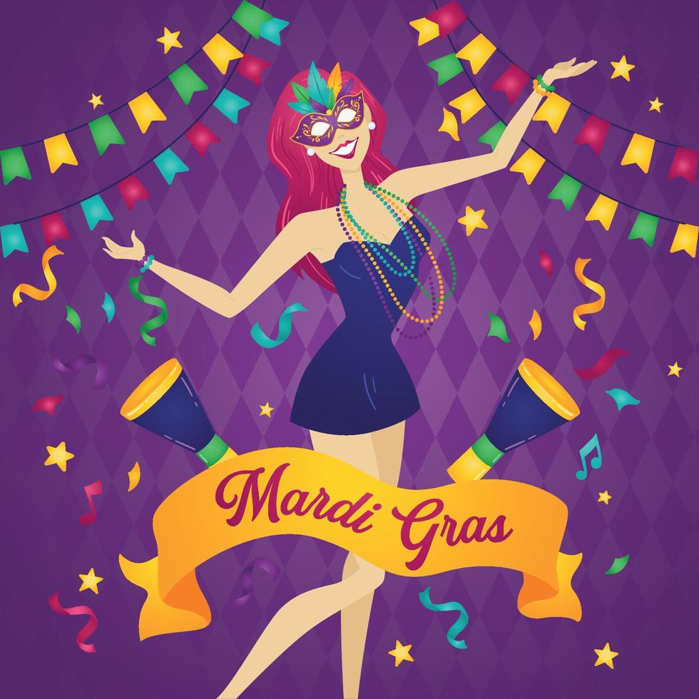 Cute girl character with venetian mask Mardi gras party poster Vector
