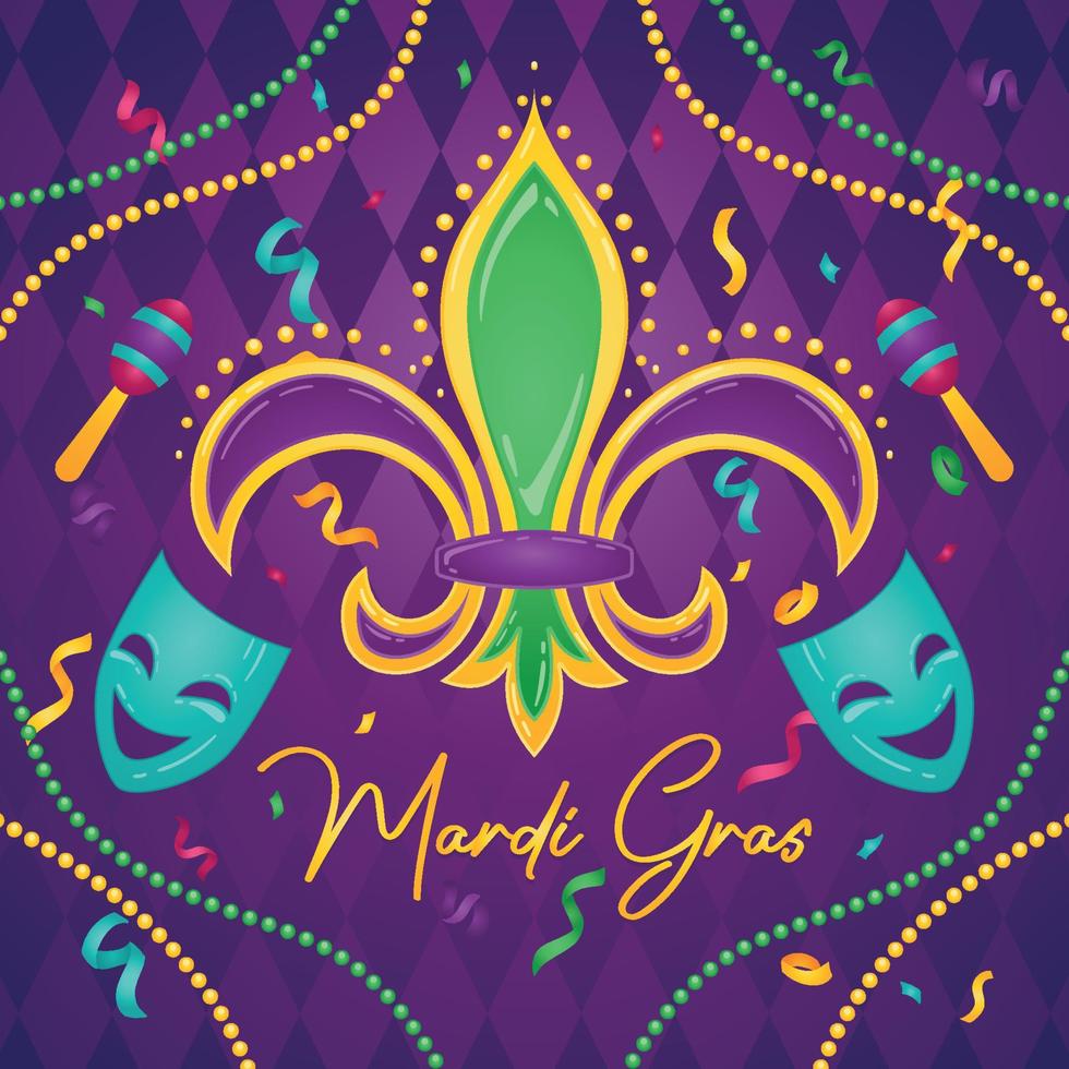 Isolated colored lis flower and venetian masks Mardi gras poster Vector