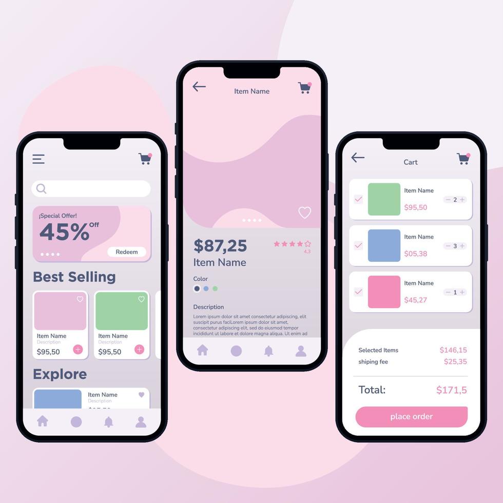 Pastry colored marketplace mobile app ui mockup template Vector