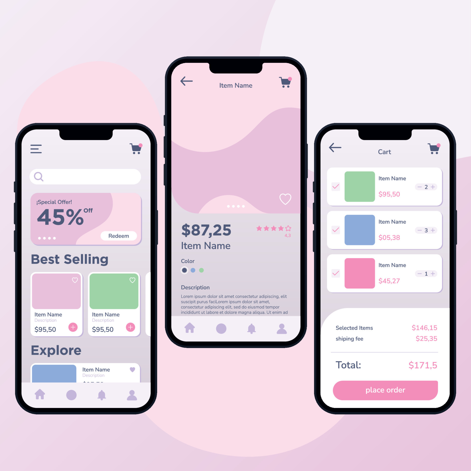 Pastry colored marketplace mobile app ui mockup template Vector
