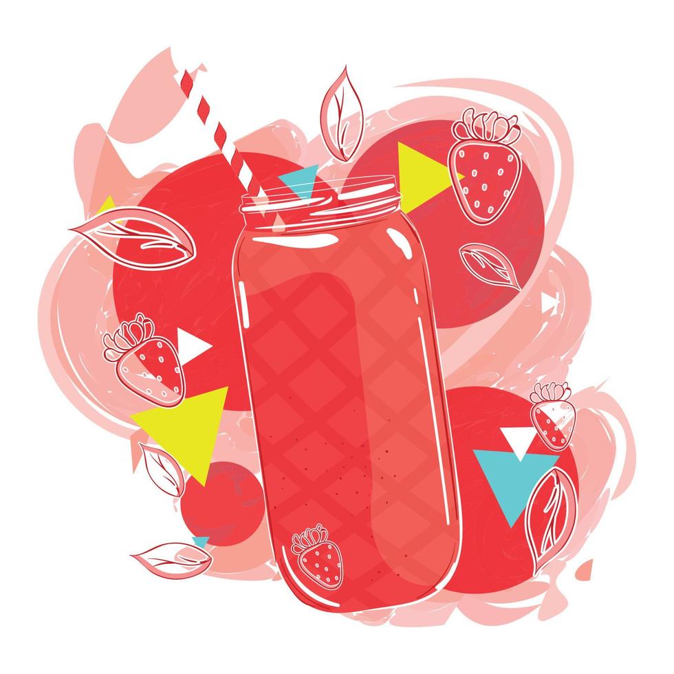 Retro red smoothie on jar with strawberry fruit Vector