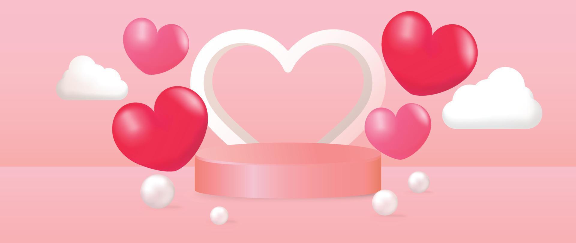 vector de concepto de feliz día de san valentín. composición 3d abstracta decorada con podio geométrico y fondo de corazones de color rosa rojo brillante. diseño para banner, maqueta, presentación de productos, anuncios, marketing.