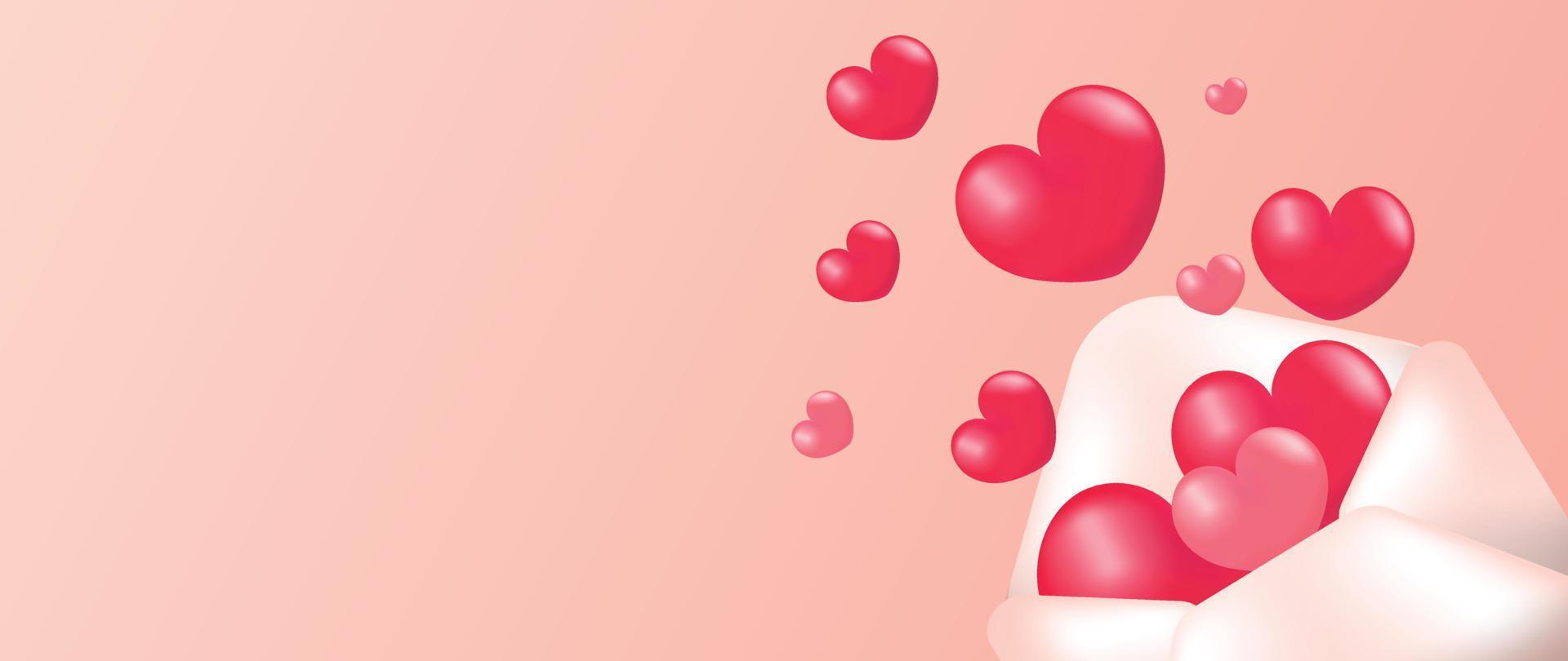 vector de concepto de feliz día de san valentín. composición 3d abstracta decorada con corazones rosas rojos brillantes flotando desde el fondo del sobre de la carta de amor. diseño para banner, tarjeta, redes sociales, anuncios, marketing.