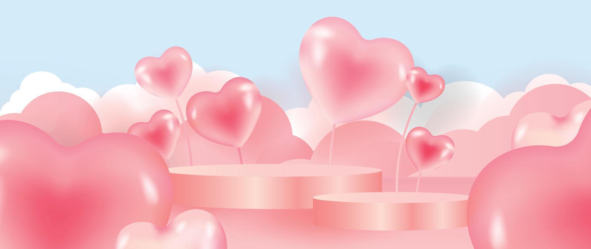 Happy Valentine's Day concept vector. Abstract 3d composition decorate with geometric podium and glossy sweet pink hearts background. Design for banner, mock up, product presentation, ads, marketing. vector