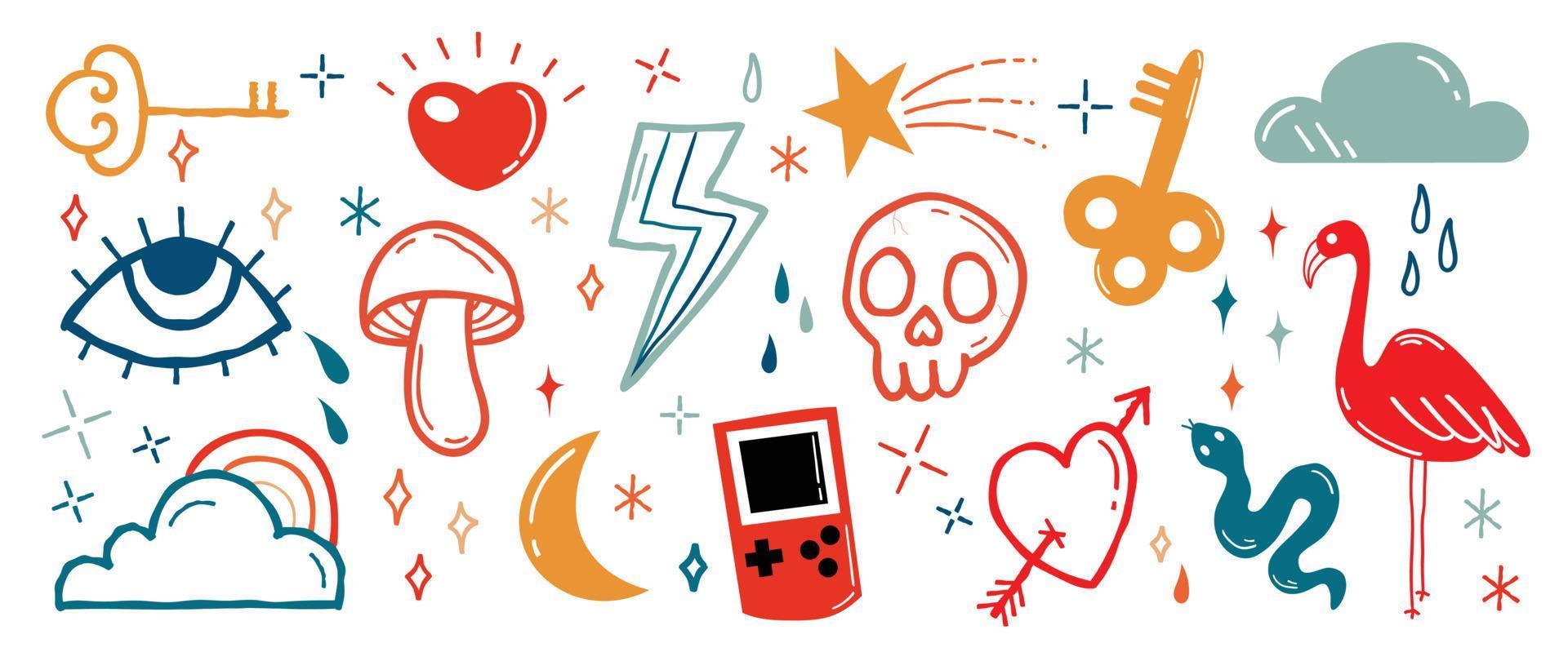 Set of doodle element vector illustration. Hand drawn vibrant color icon collection of heart, key, eye, mushroom, star, skull, heart, snake, flamingo. Design for logo, tattoo, sticker, decoration.