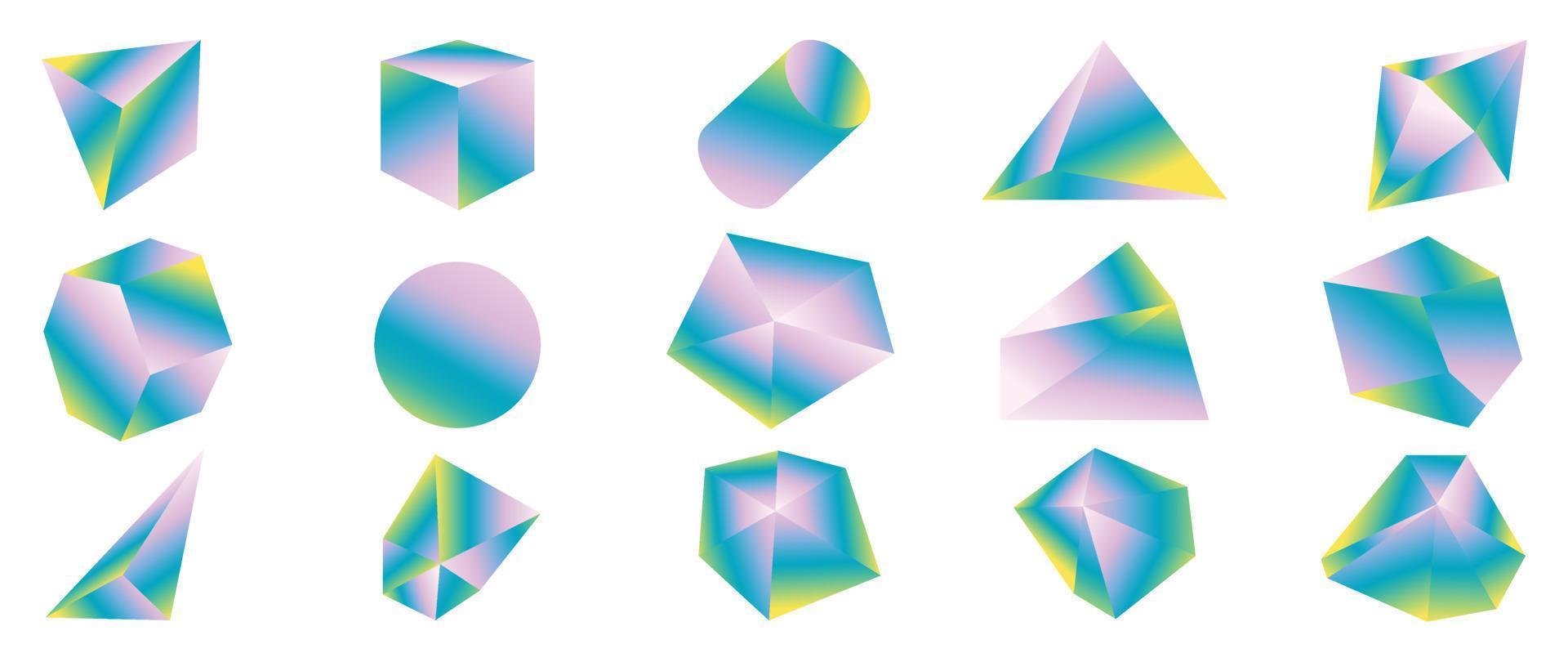 Set of 3d geometric shapes vector. Iridescent holographic retro pop art design of geometric realistic prism icon, triangle, square, circle, diamond. Design for logo template, banner, decoration. vector