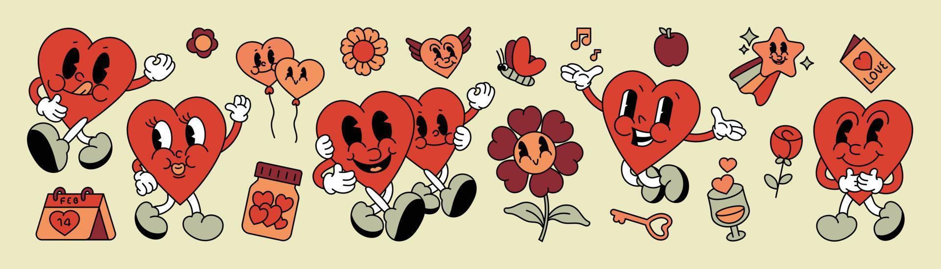 70s groovy doodle element vector set. Cute comic retro hippie collection of playful hearts, flowers, key, balloon, calendar, apple, butterfly. Design for valentine card, decorative, sticker, print.