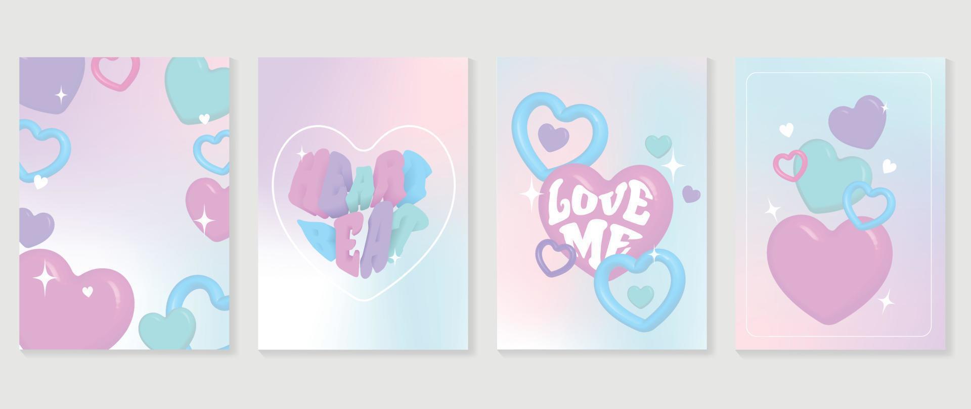 Abstract gradient Y2K style template cover vector set. Happy Valentine's Day decorate with trendy gradient heart vibrant y2k colorful background. Design for greeting card, fashion, commercial, banner.