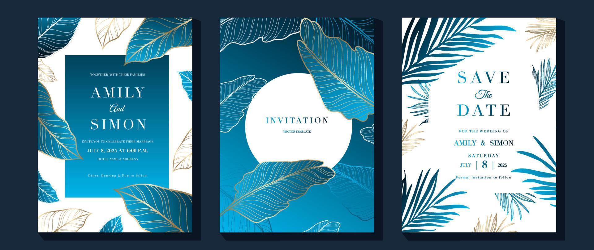 Luxury wedding invitation card background vector set. Elegant botanic tropical leaves golden line art texture template background. Design illustration for wedding and vip cover template, banner.