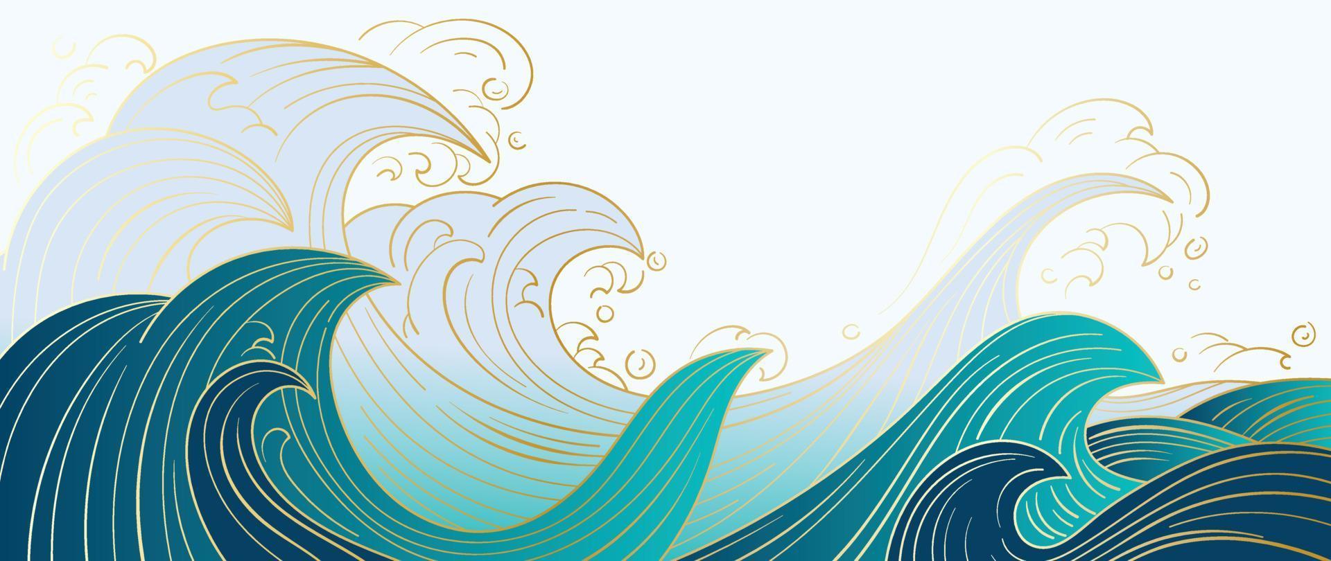 Traditional Japanese wave pattern vector. Luxury hand drawn oriental ocean wave gold line art pattern background. Art design illustration for print, fabric, poster, home decoration and wallpaper. vector