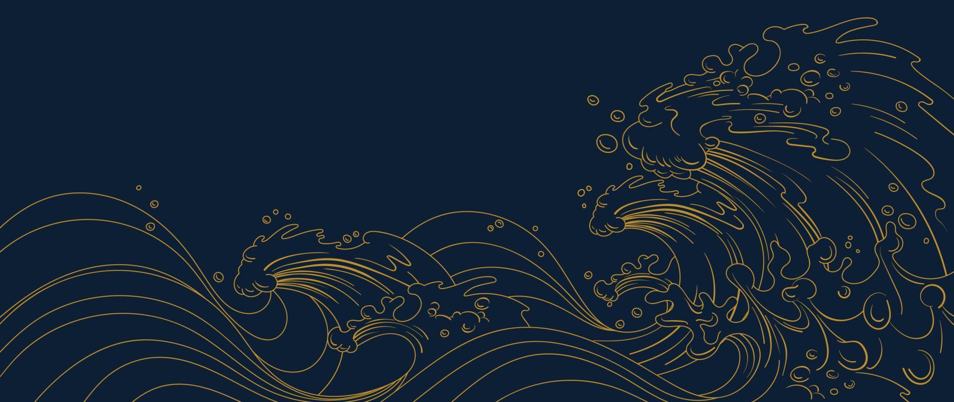 Traditional Japanese wave pattern vector. Luxury golden hand drawn oriental ocean wave line art pattern background. Art design illustration for print, fabric, poster, home decoration and wallpaper. vector