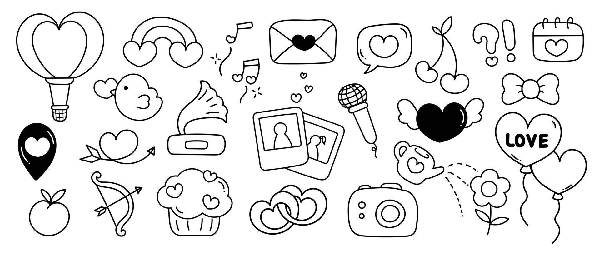 Set of valentine doodle element vector. Hand drawn doodle style collection of heart shape, bird, rainbow, letter, microphone, camera, cake, bow. Design for print, cartoon, card, decoration, sticker. vector