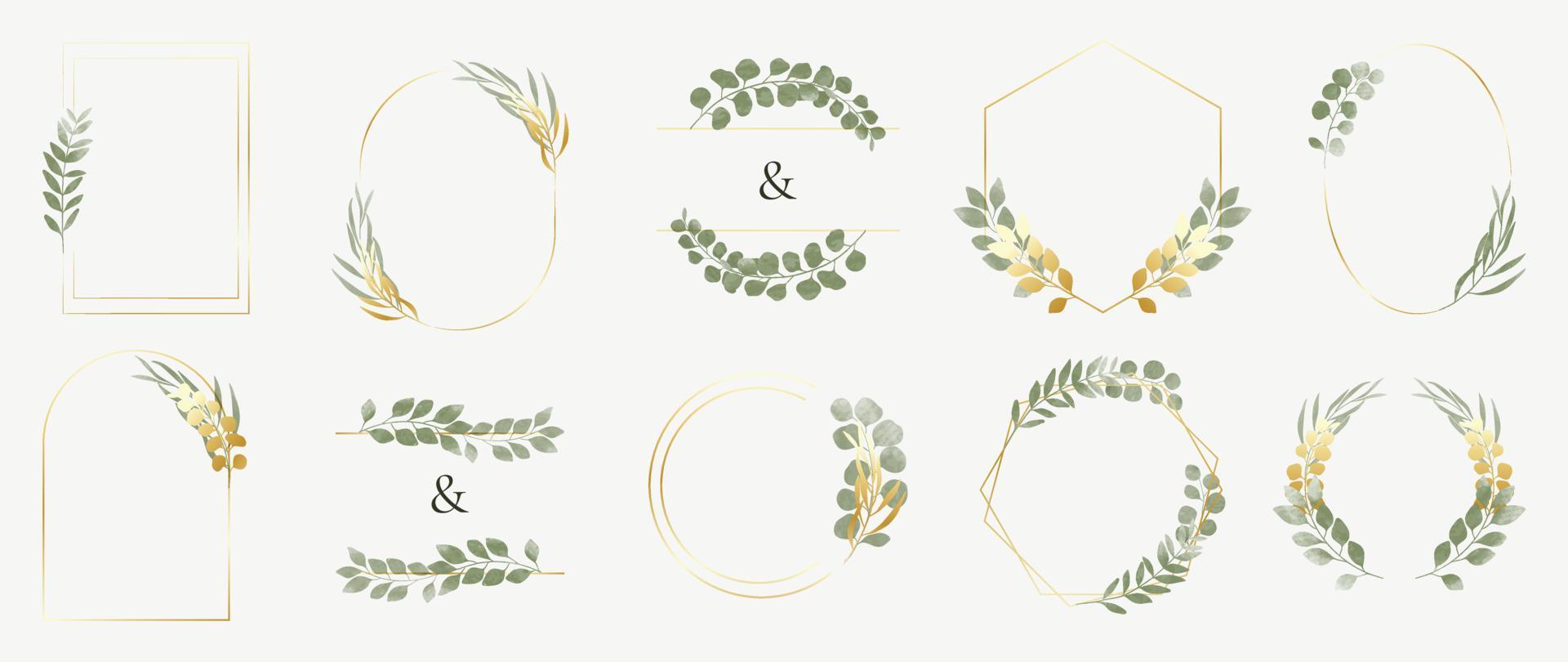 Set of luxury wedding frame element vector illustration. Watercolor botanical leaf branch wreath with elegant golden geometric frame template collection. Design for invitation card, poster, banner.