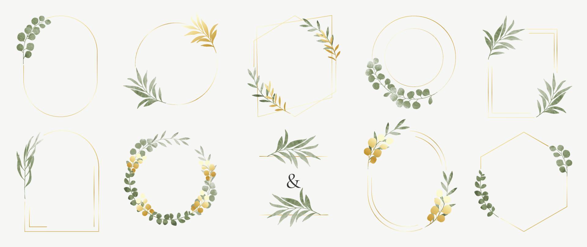 Set of luxury wedding frame element vector illustration. Watercolor botanical leaf branch wreath with elegant golden geometric frame template collection. Design for invitation card, poster, banner.