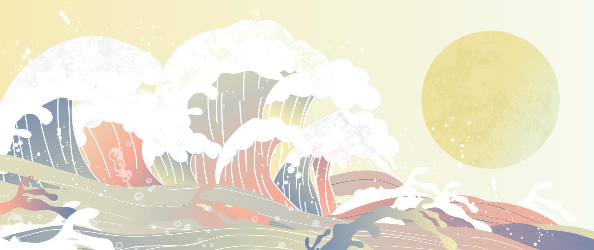 vector de patrón de onda japonés tradicional. patrón de salpicadura de onda de mar de acuarela oriental pintada a mano y fondo de luna. ilustración de diseño de arte para impresión, tela, afiche, decoración del hogar y papel tapiz.