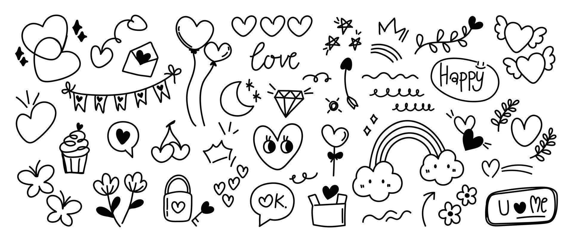 Set of valentine doodle element vector. Hand drawn doodle style collection of heart shape, balloon, flag, cupcake, star, rainbow, diamond, flower. Design for print, cartoon, card, decoration, sticker. vector