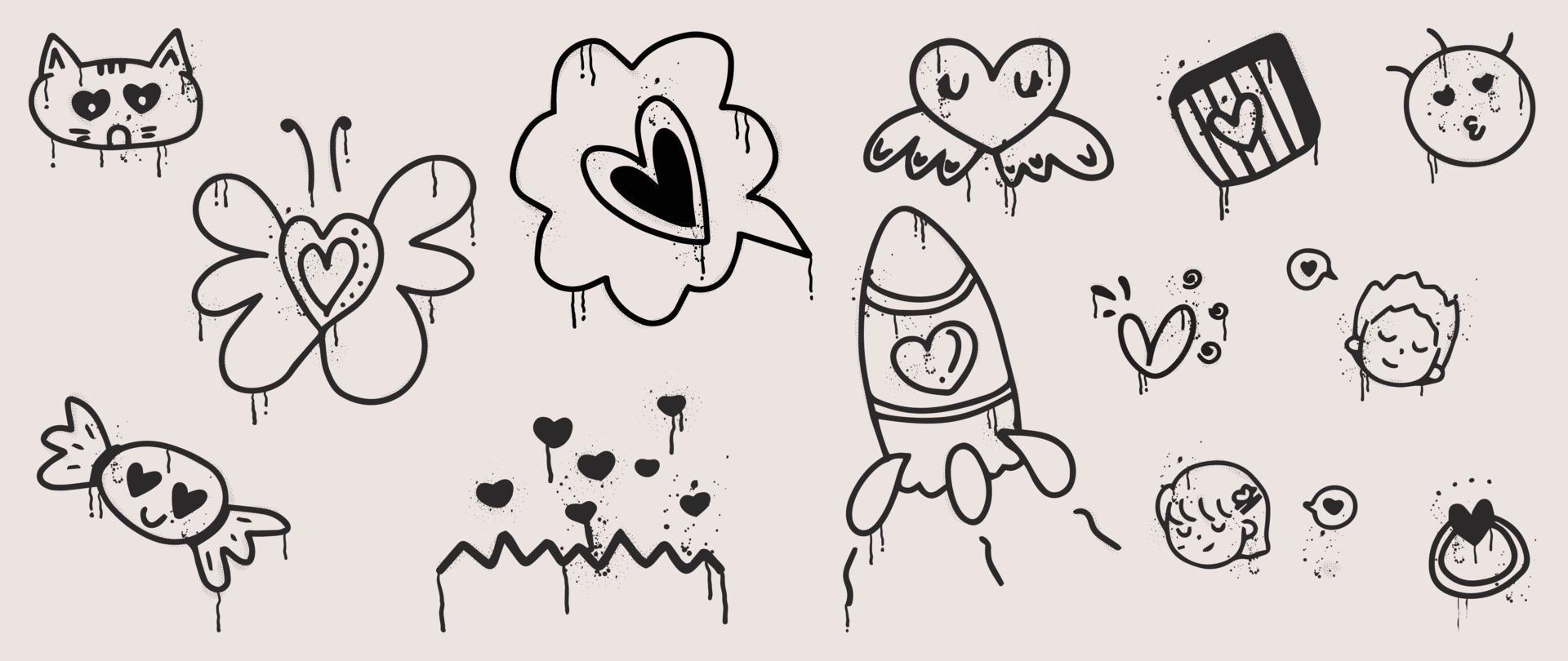 Set of spray paint valentine element vector. Hand drawn graffiti texture style collection of cat, heart wing, candy, rocket, girl, boy, ring. Design for print, cartoon, card, decoration, sticker. vector