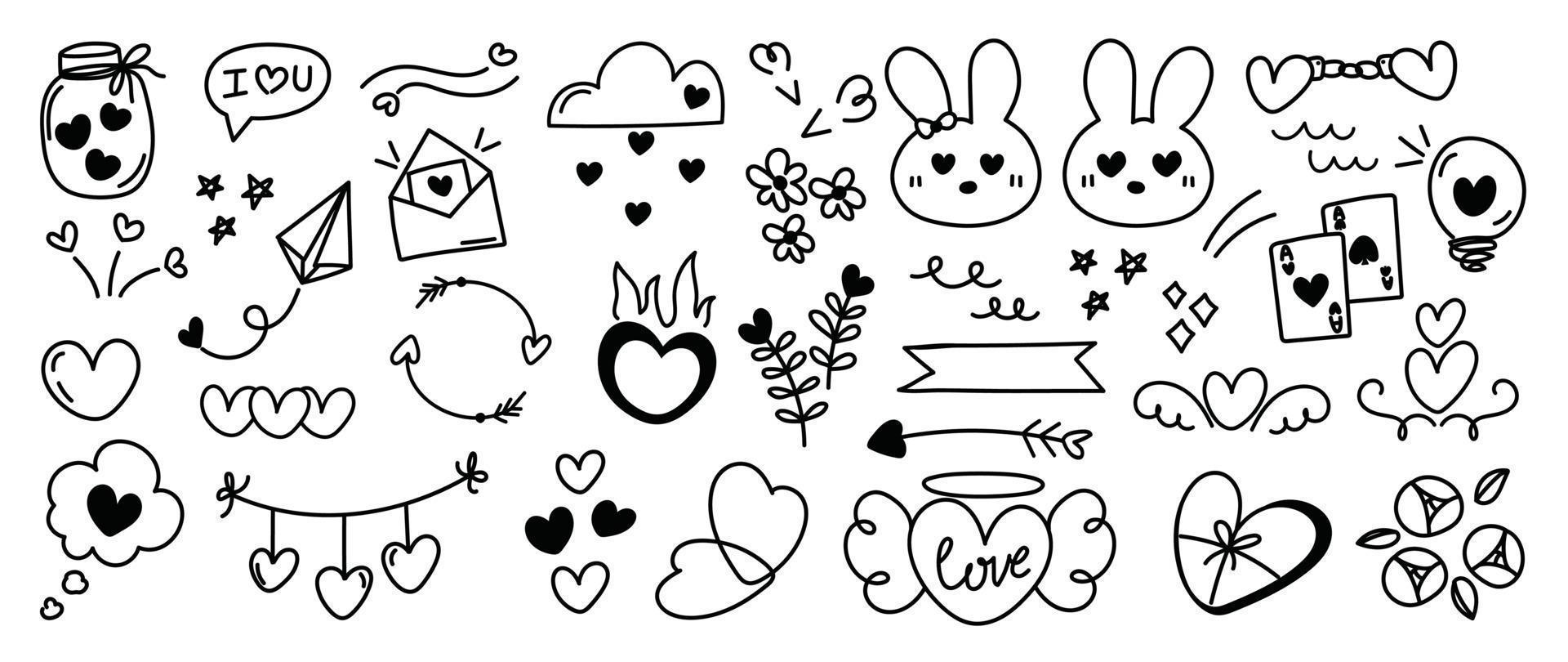 Set of valentine doodle element vector. Hand drawn doodle style collection of heart shape, candy, rabbit, paper plane, letter, flower, wing, star. Design for print, cartoon, card, decoration, sticker. vector