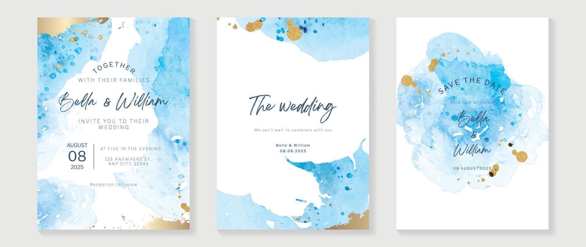 conjunto de vectores de fondo de tarjeta de invitación de boda de lujo. pintura de pincel de acuarela elegante abstracta con fondo de textura de gota de tinta dorada. ilustración de diseño para boda y plantilla de portada vip, banner.