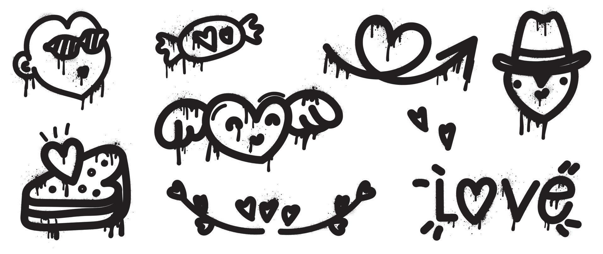 conjunto de vector de elemento de San Valentín de pintura en aerosol. colección de estilo de textura de graffiti dibujado a mano de forma de corazón cómico, caramelo, flecha, pastel, corazón volador. diseño para impresión, caricatura, tarjeta, decoración, pegatina.