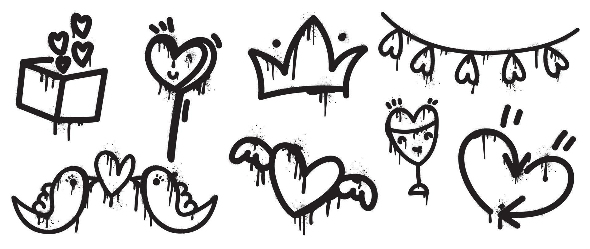 Set of spray paint valentine element vector. Hand drawn graffiti texture style collection of comic heart shape, crown, bird, flying heart, arrow. Design for print, cartoon, card, decoration, sticker. vector