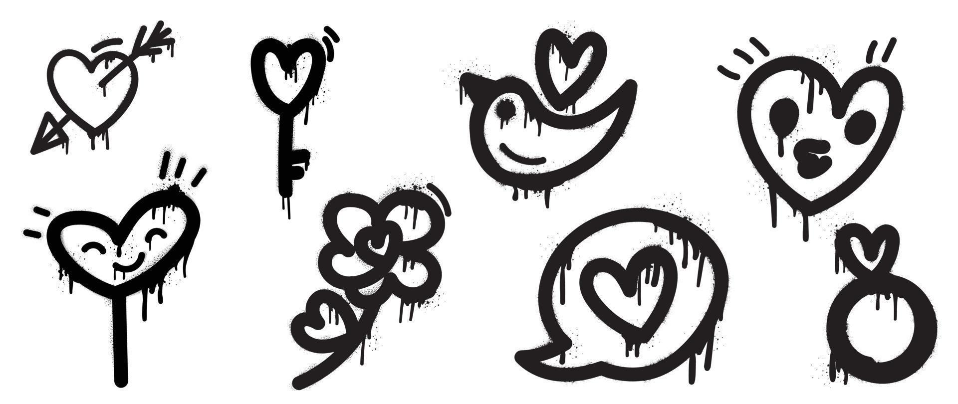 Set of spray paint valentine element vector. Hand drawn graffiti texture style collection of comic heart shape, love key, arrow, flower, bird. Design for print, cartoon, card, decoration, sticker. vector